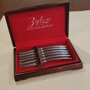 Vintage ZYLCO Electro Edge  Saladmaster 400 Set of 6 Knives Felt-Lined Wood Box